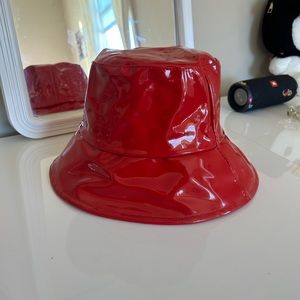 Faux red leather bucket hat